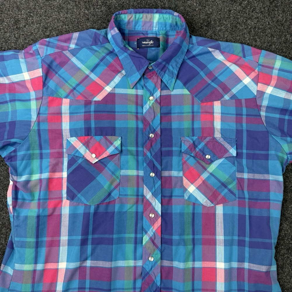 Vintage 90s Wrangler Western Shirt Plaid Pearl Snap Short Sleeve Men's XL